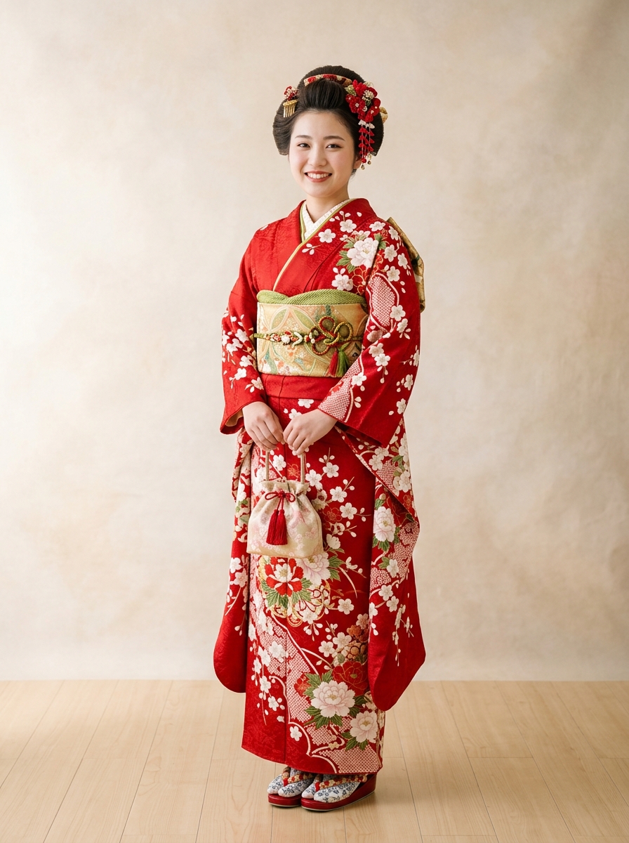 赤地に古典花柄の振袖を着てエレガントなアップスタイルで佇む 20 代女性